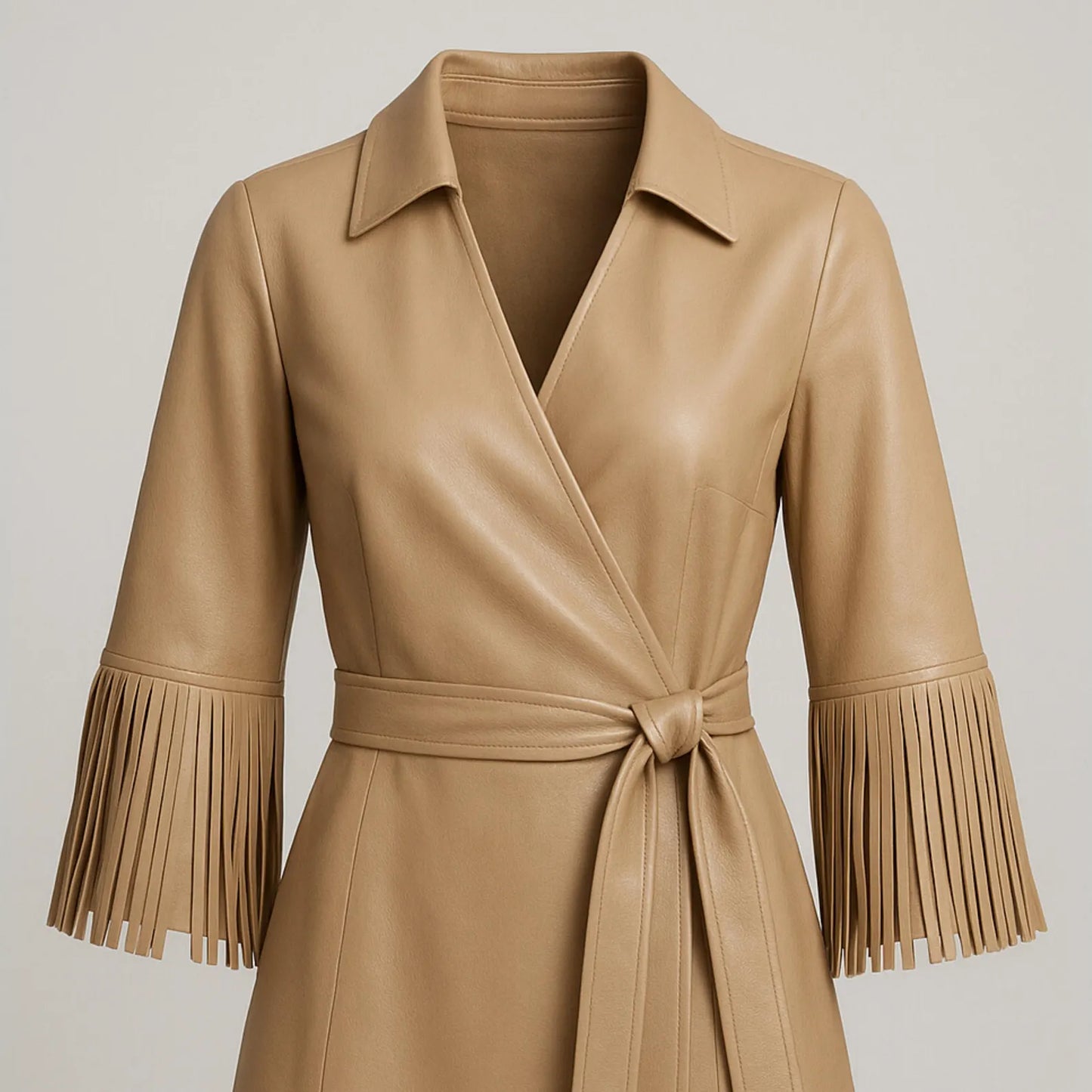 Handmade Tan Genuine Leather Wrap Dress with Fringe Sleeves | Western Style Belted Mini Dress | Boho Chic Fall Outfit | Women Cowgirl Dress