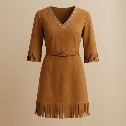 Western Fringe Mini Dress for Women | Brown Suede V-Neck Dress with Turquoise Beading | Boho Cowgirl Belted Dress | Fall Festival Outfit
