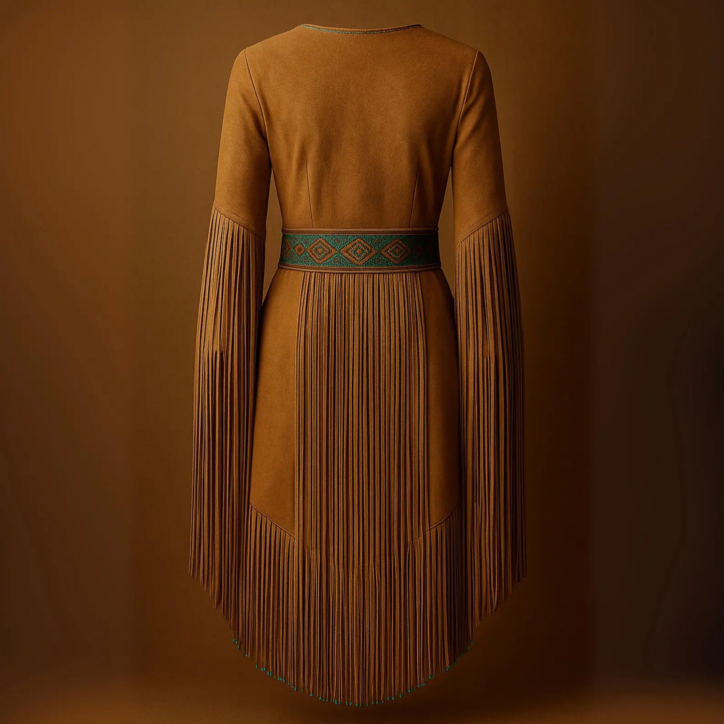 Handmade Suede Fringe Dress: Turquoise Beaded Belt, Western Boho Style