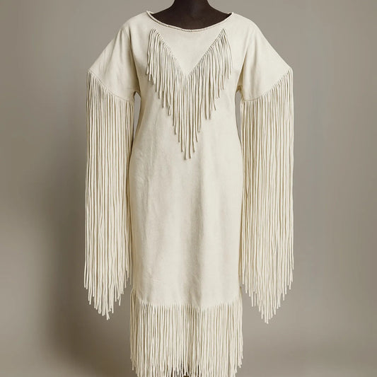 Handmade Native Style Fringe Dress – Cream Powwow Regalia, Festival Boho Western Dress, Tribal Ceremony Outfit with Long Fringe Sleeves