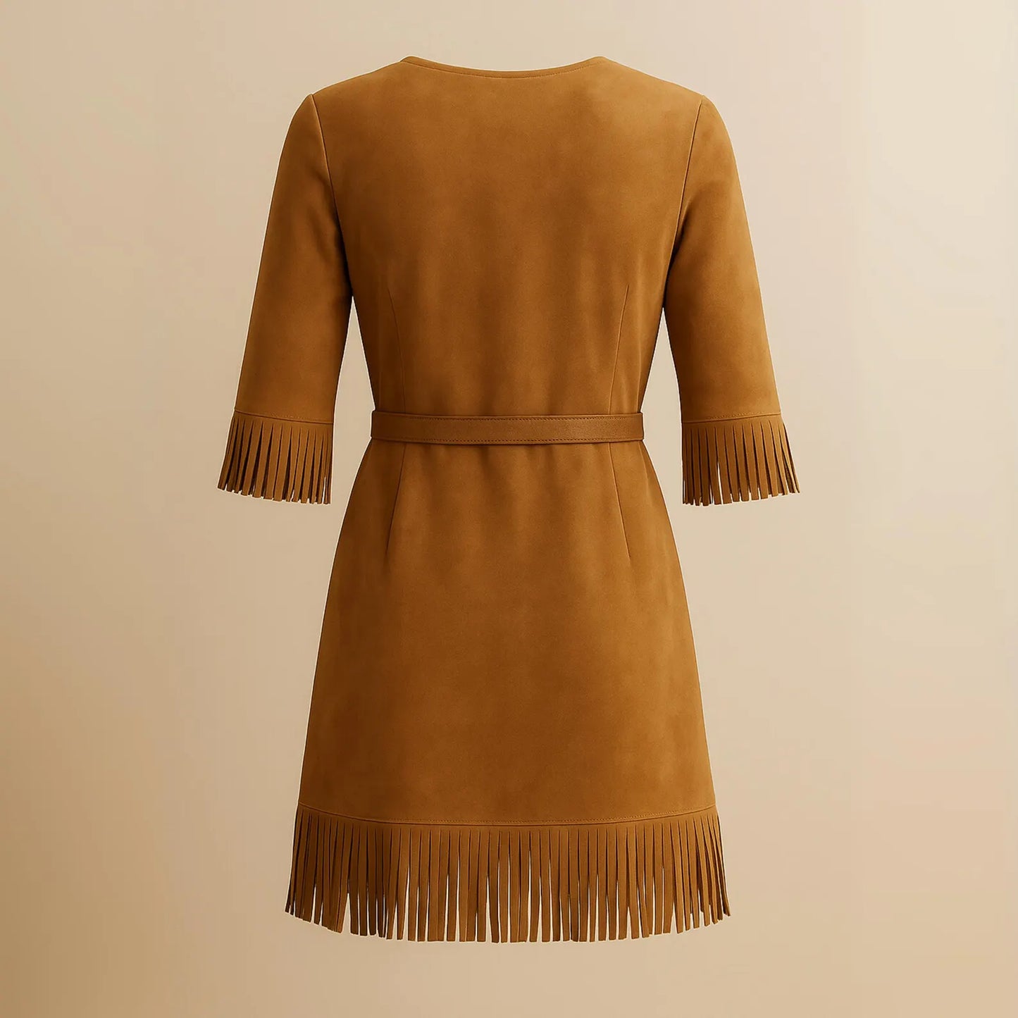 Western Fringe Mini Dress for Women | Brown Suede V-Neck Dress with Turquoise Beading | Boho Cowgirl Belted Dress | Fall Festival Outfit