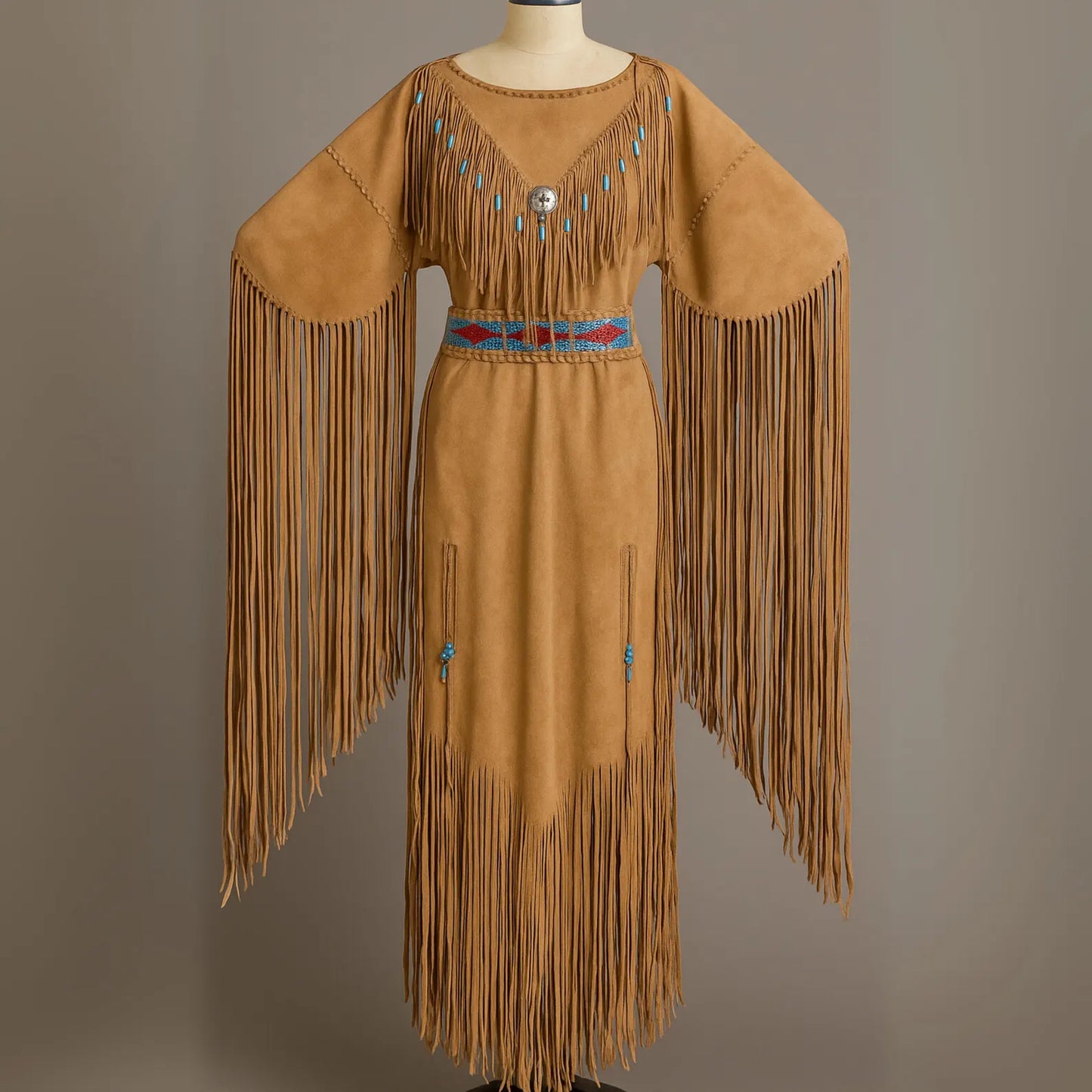 Handmade Powwow Regalia Dress – Buckskin Style with Beaded Belt, Long Fringe & Turquoise Accents | Native American Dance Outfit