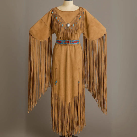 Handmade Powwow Regalia Dress – Buckskin Style with Beaded Belt, Long Fringe & Turquoise Accents | Native American Dance Outfit