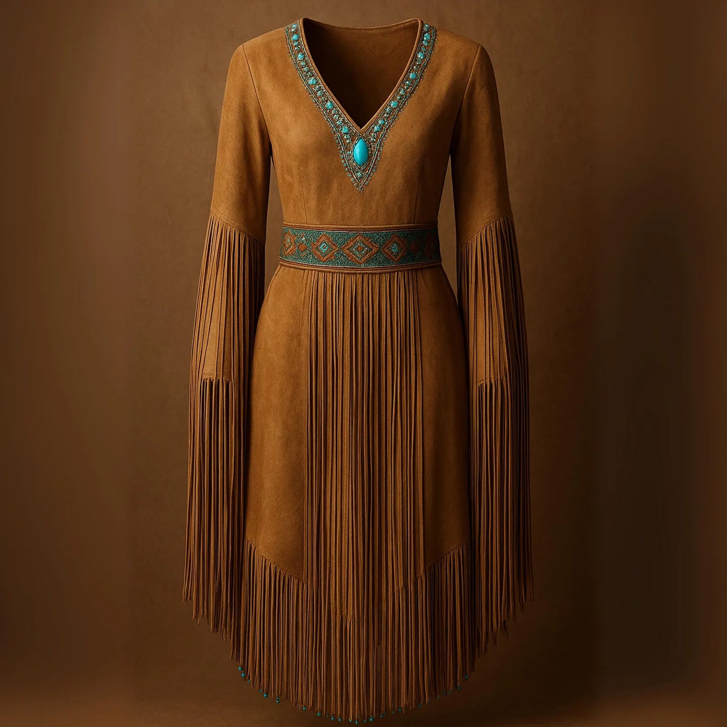 Handmade Suede Fringe Dress: Turquoise Beaded Belt, Western Boho Style