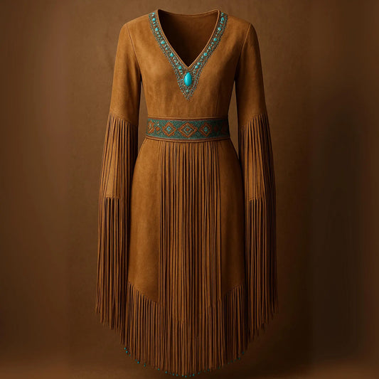 Handmade Suede Fringe Dress: Turquoise Beaded Belt, Western Boho Style