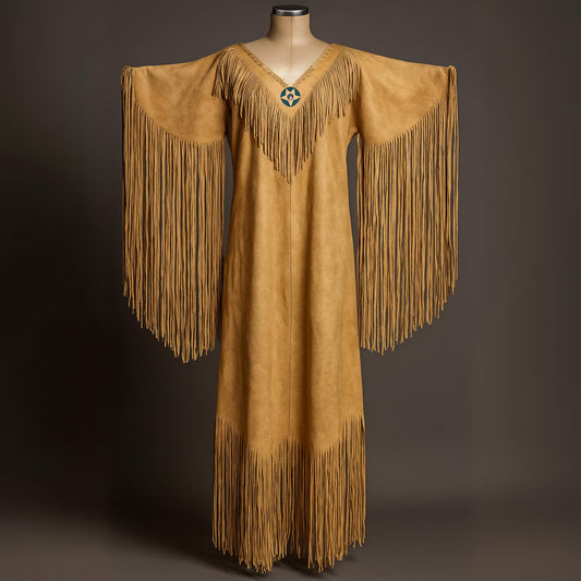Handmade Suede Leather Powwow Regalia Dress with Long Fringe | Native American Style Dance Outfit | Ceremony Dress | Traditional Fringe Gown