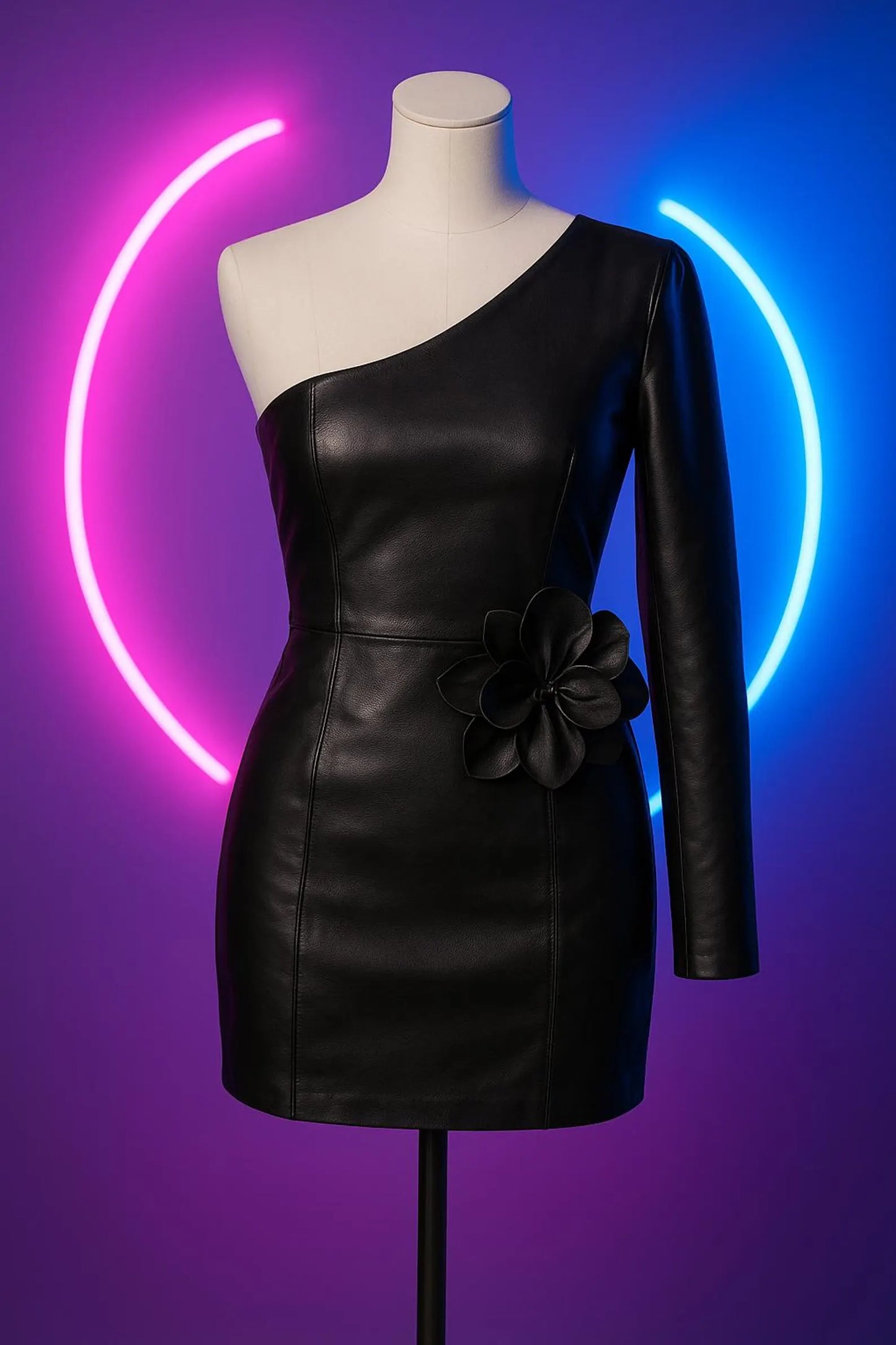 Handmade Black Leather One-Shoulder Mini Dress: Floral Party Bodycon