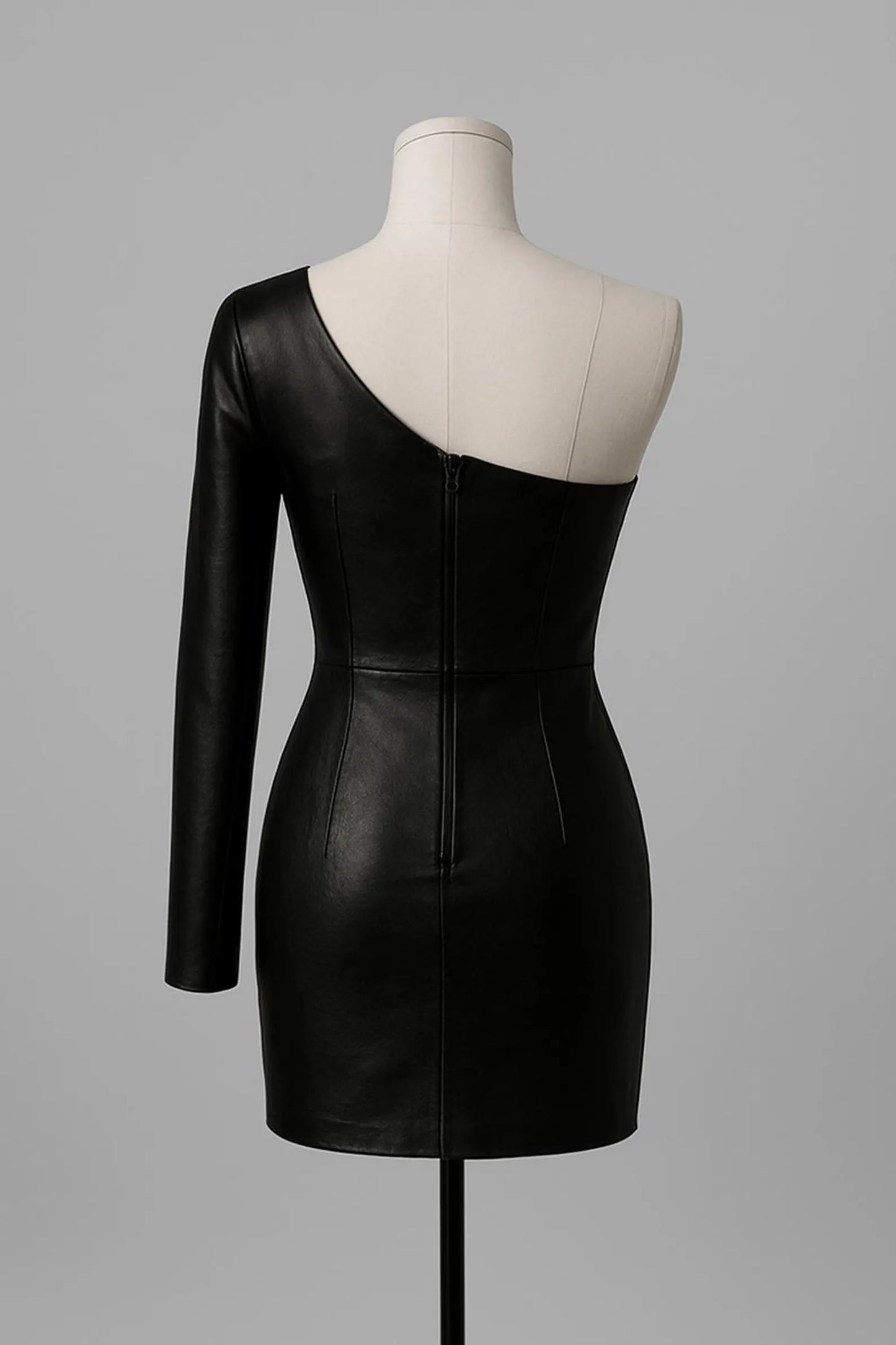 Handmade Black Leather One-Shoulder Mini Dress: Floral Party Bodycon