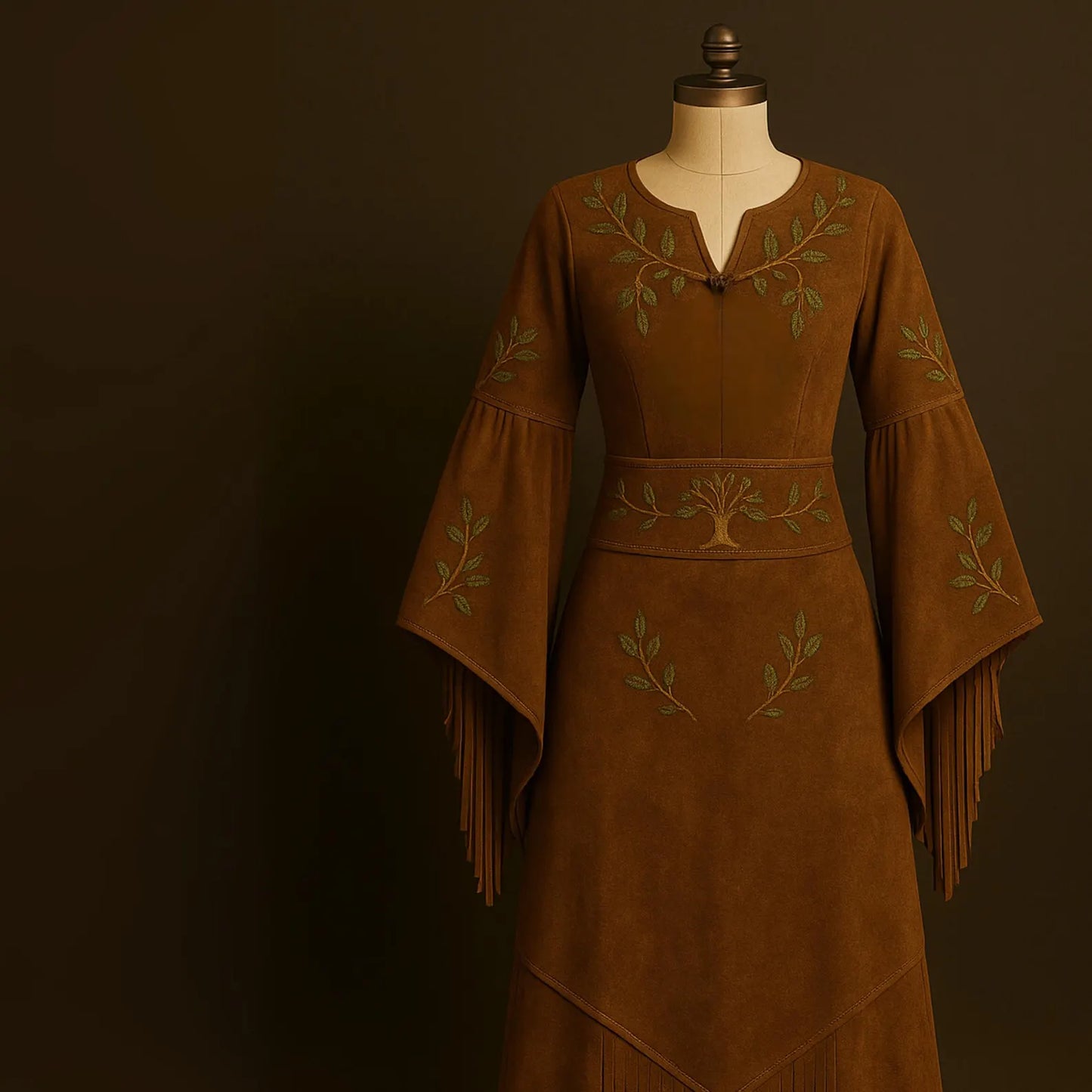Handmade Suede Maxi Dress with Fringe – Boho Long Sleeve Gown – Rustic Pagan Forest Witch Outfit – Elven Woodland Style