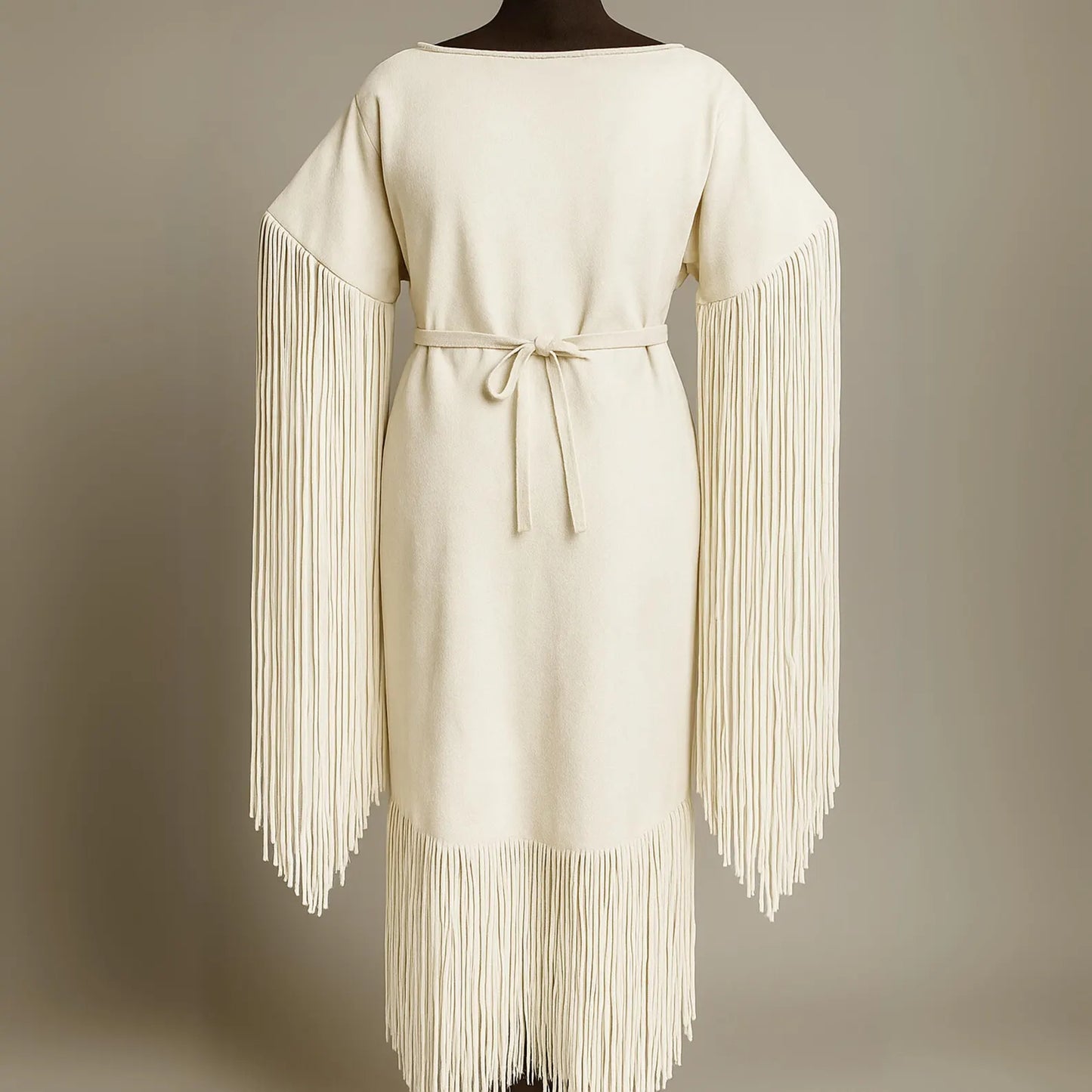 Handmade Native Style Fringe Dress – Cream Powwow Regalia, Festival Boho Western Dress, Tribal Ceremony Outfit with Long Fringe Sleeves