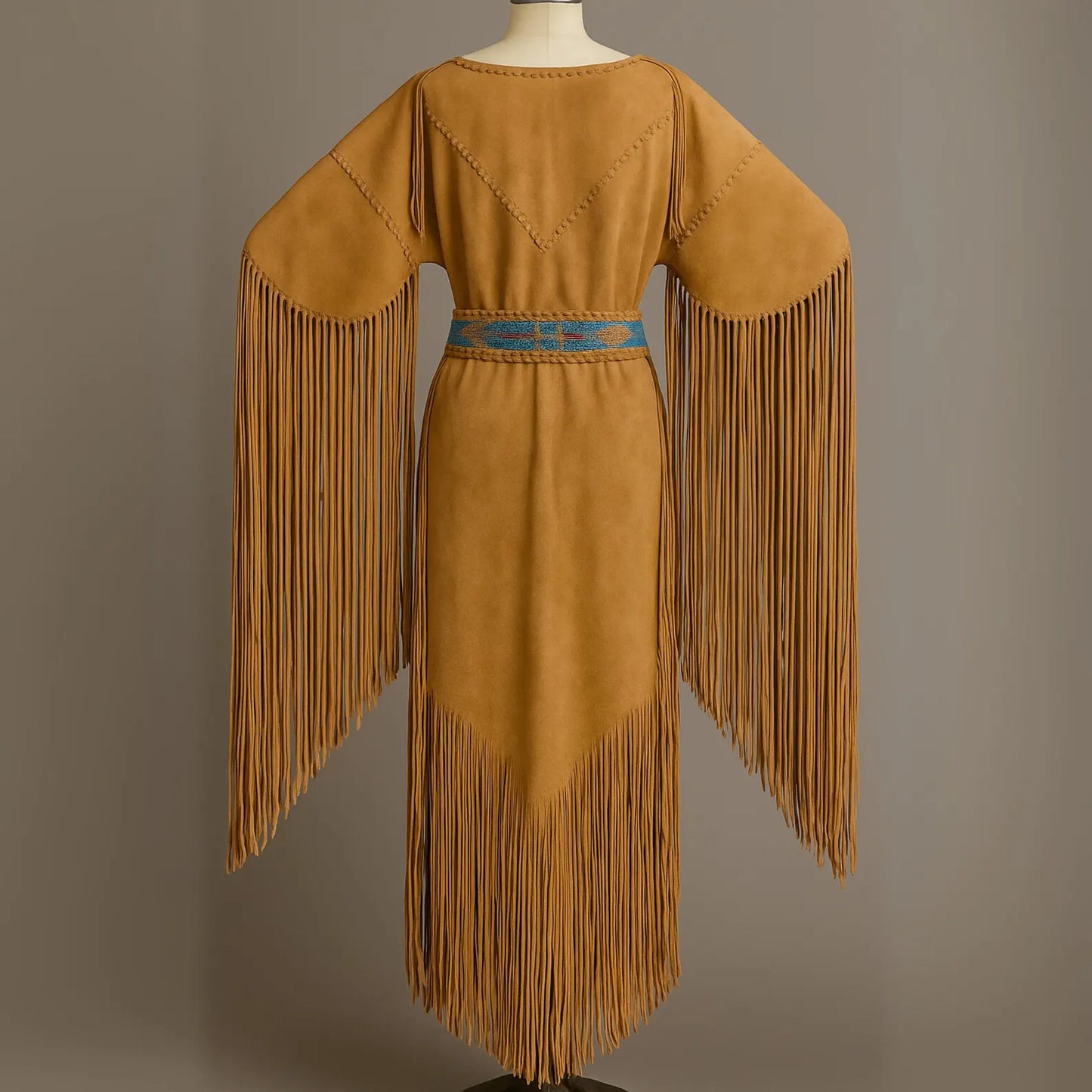 Handmade Powwow Regalia Dress – Buckskin Style with Beaded Belt, Long Fringe & Turquoise Accents | Native American Dance Outfit