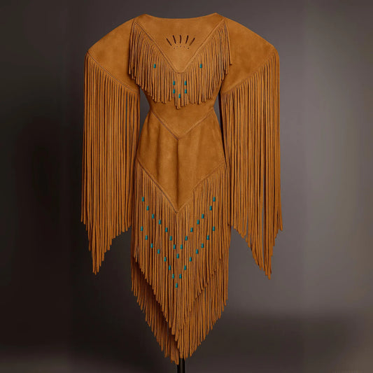 Handmade Suede Fringe Powwow Regalia Dress – Native Style Ceremony Outfit with Beaded Accents, Western Tribal Dance Dress