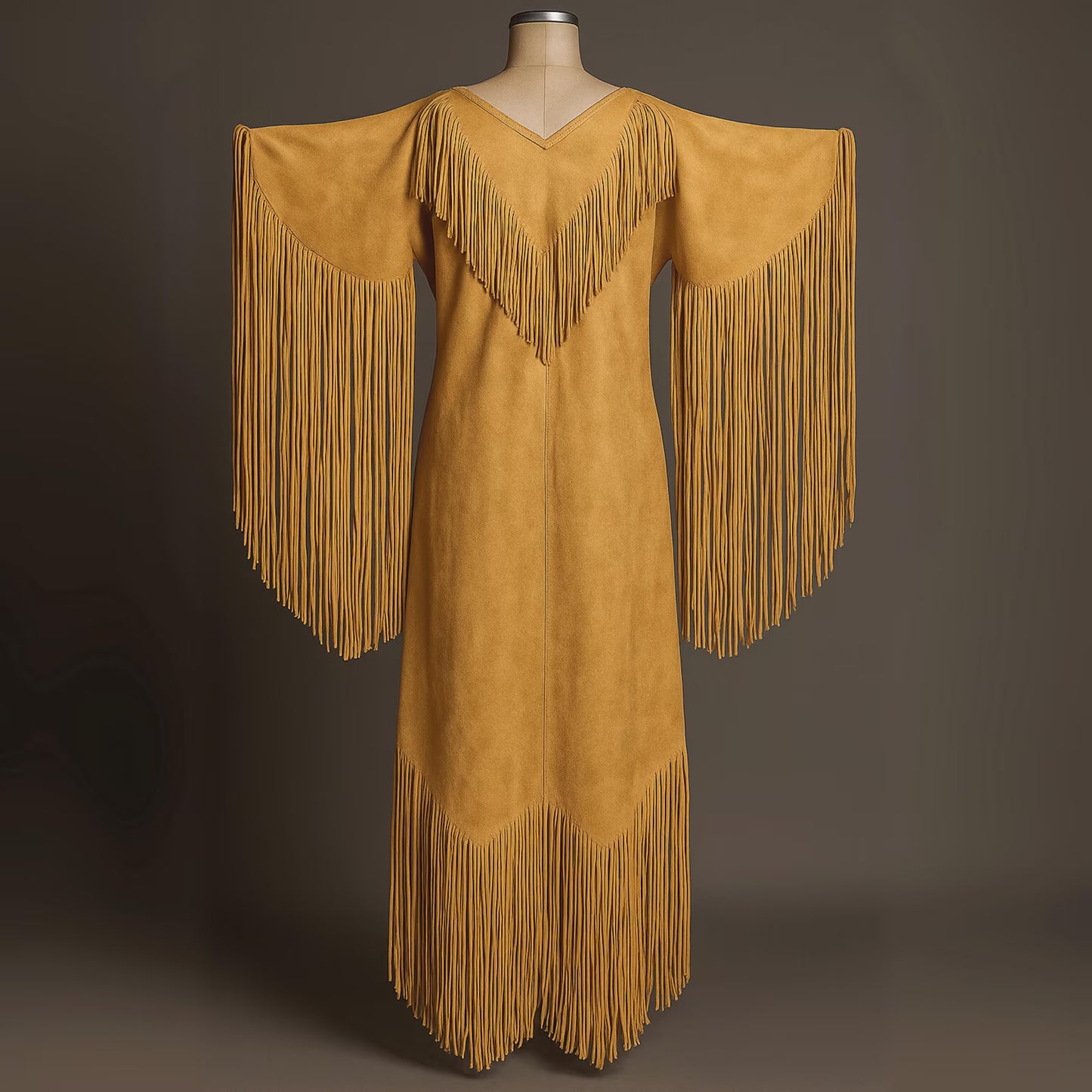 Handmade Suede Leather Powwow Regalia Dress with Long Fringe | Native American Style Dance Outfit | Ceremony Dress | Traditional Fringe Gown