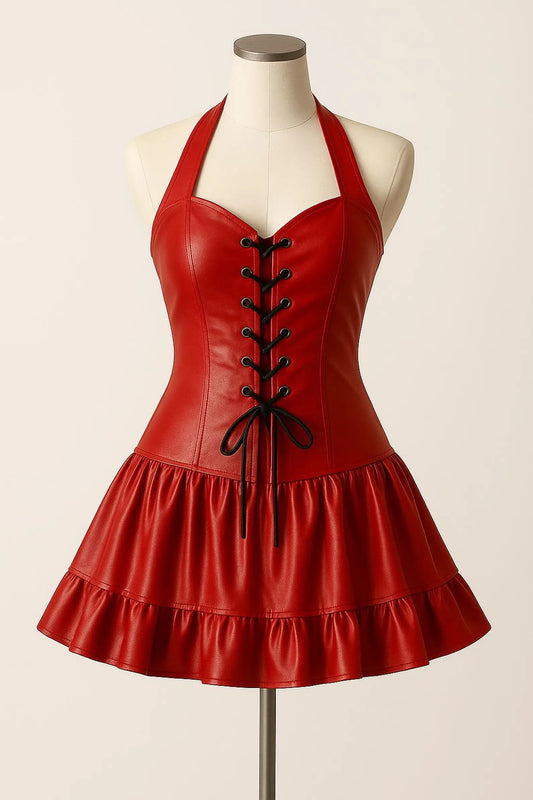 Red Leather Halter Mini Dress with Corset Lace-Up & Ruffle Skirt – Gothic Party Outfit