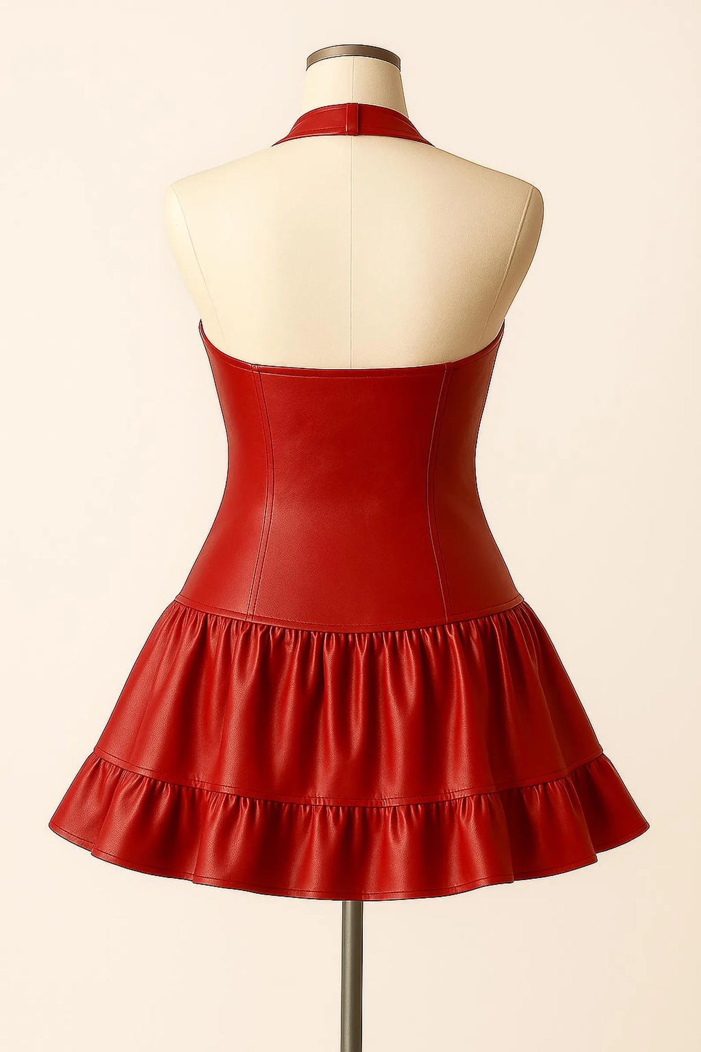 Red Leather Halter Mini Dress with Corset Lace-Up & Ruffle Skirt – Gothic Party Outfit