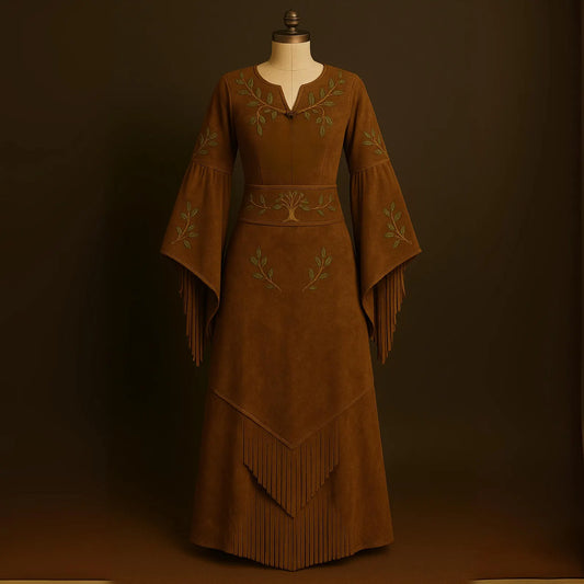 Handmade Suede Maxi Dress with Fringe – Boho Long Sleeve Gown – Rustic Pagan Forest Witch Outfit – Elven Woodland Style