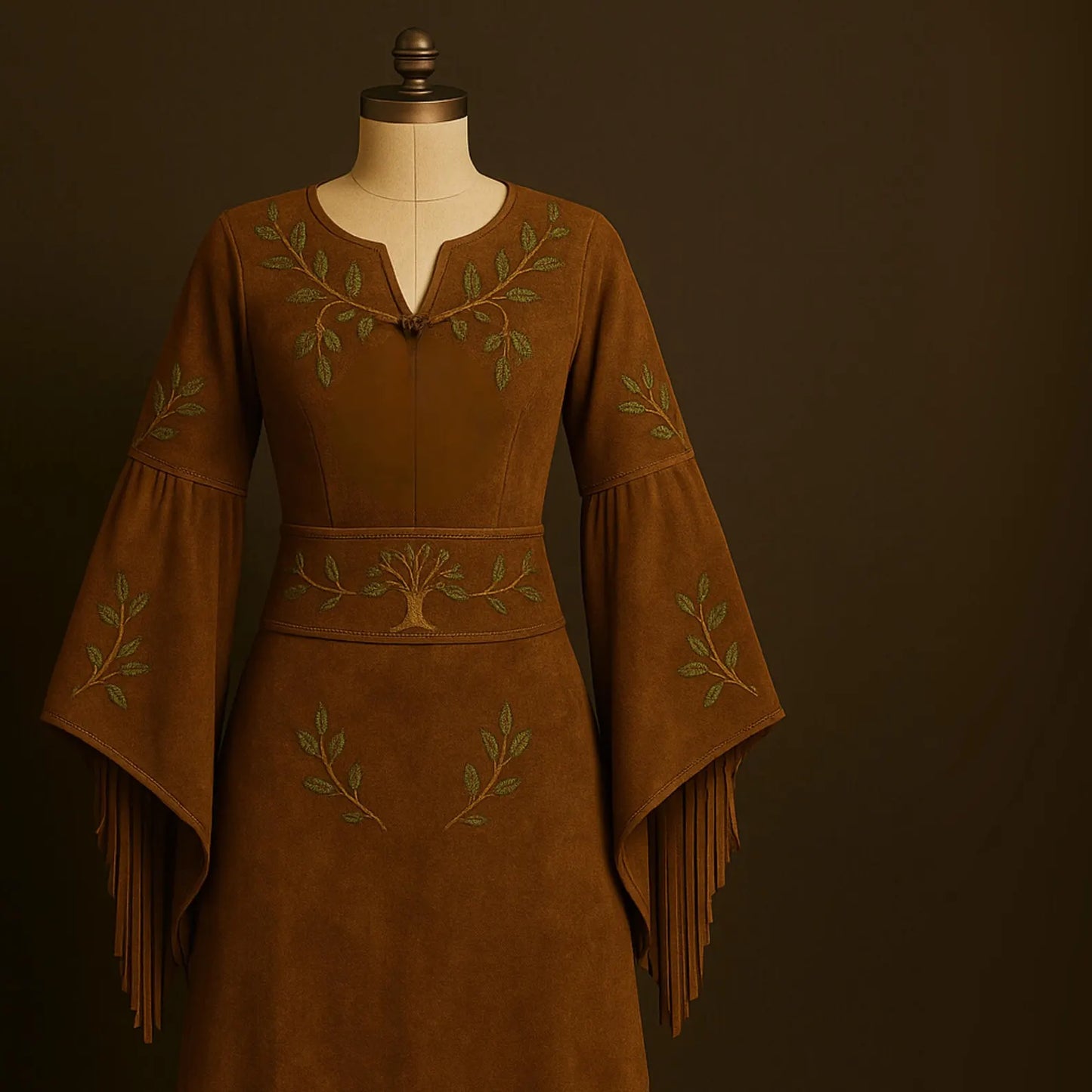 Handmade Suede Maxi Dress with Fringe – Boho Long Sleeve Gown – Rustic Pagan Forest Witch Outfit – Elven Woodland Style