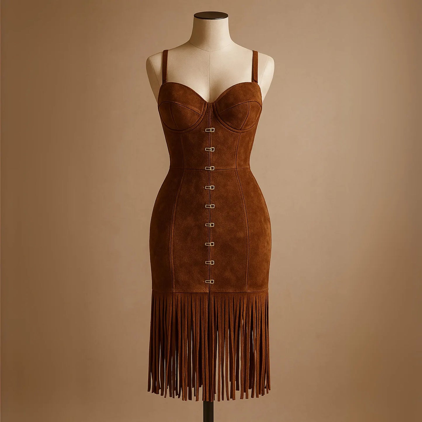 Handmade Suede Fringe Bustier Mini Dress – Western Boho Bodycon Style – Vintage Festival & Party Wear Real Leather Dress