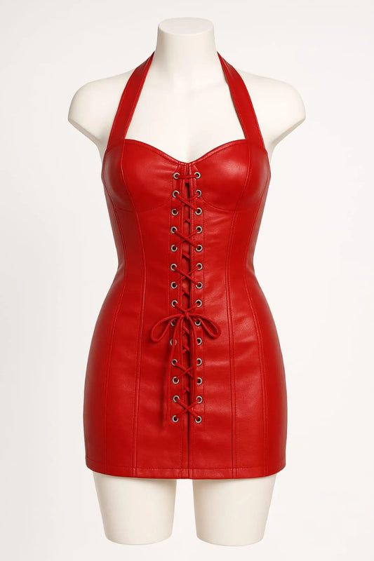 Red Genuine Leather Halter Mini Dress with Corset Lace-Up – Gothic Clubwear, Bodycon Party Outfit