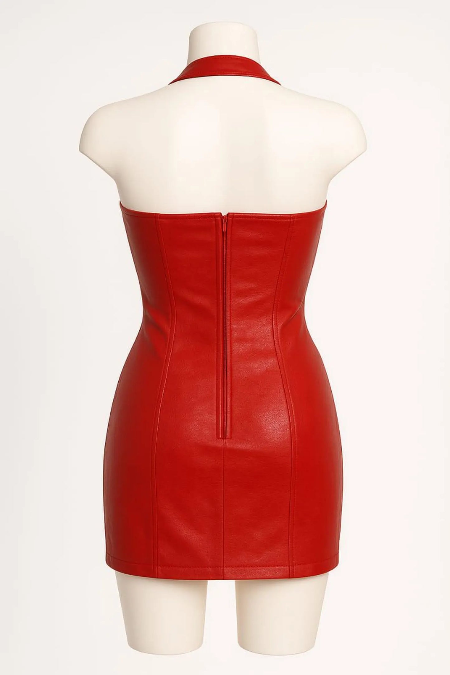 Red Genuine Leather Halter Mini Dress with Corset Lace-Up – Gothic Clubwear, Bodycon Party Outfit