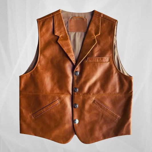 Men’s Genuine Leather Vest – Western Cowboy Waistcoat, Brown Vintage Formal Leather Gilet, Handmade Sleeveless Biker Jacket