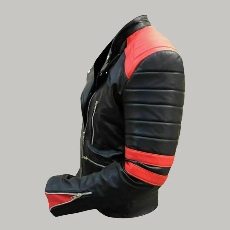 Handmade Men’s Black Leather Biker Jacket with Red Stripes | Real Leather Motorcycle Jacket | Retro Cafe Racer Style | Rocker Outerwear