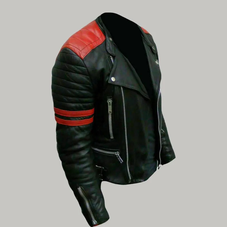 Handmade Men’s Black Leather Biker Jacket with Red Stripes | Real Leather Motorcycle Jacket | Retro Cafe Racer Style | Rocker Outerwear
