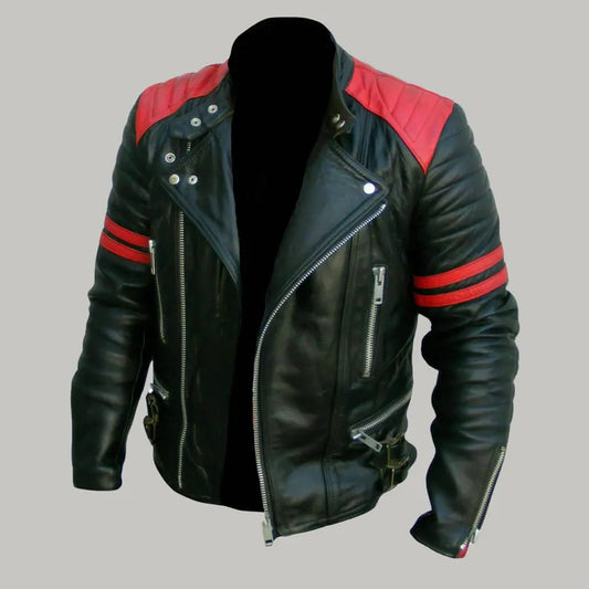Handmade Men’s Black Leather Biker Jacket with Red Stripes | Real Leather Motorcycle Jacket | Retro Cafe Racer Style | Rocker Outerwear