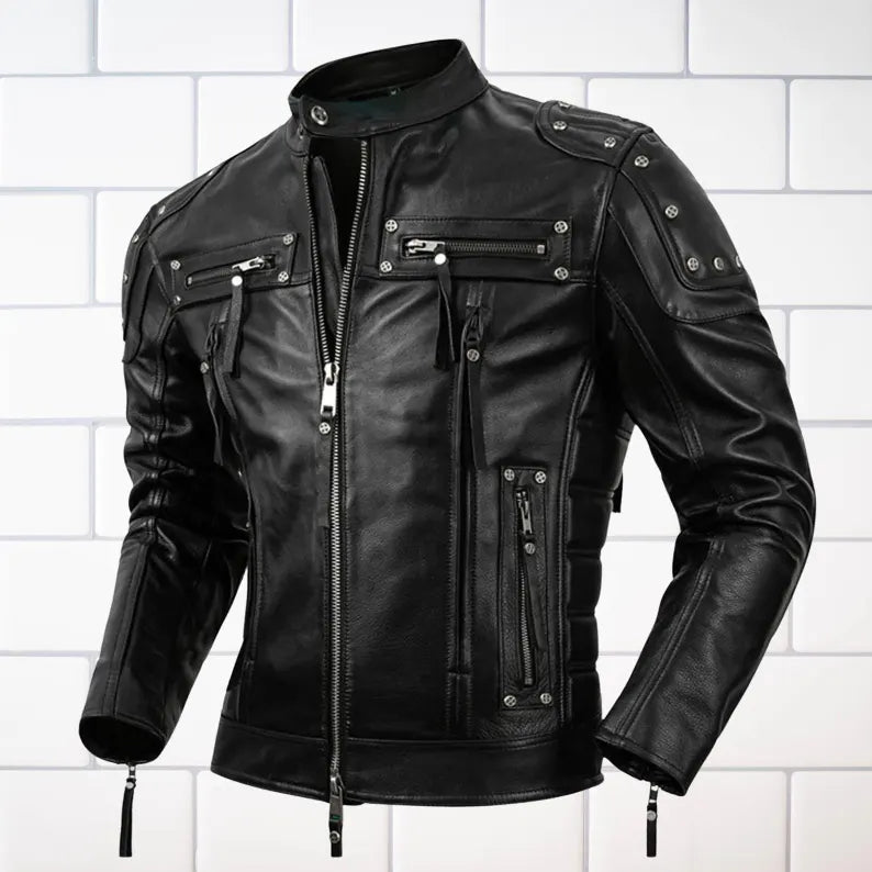 handmade Men’s Black Leather Biker Jacket – Military Style Motorcycle Coat with Zippers & Rivet Details – Handmade Real Leather Outerwear