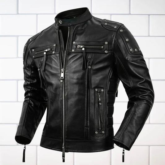 handmade Men’s Black Leather Biker Jacket – Military Style Motorcycle Coat with Zippers & Rivet Details – Handmade Real Leather Outerwear