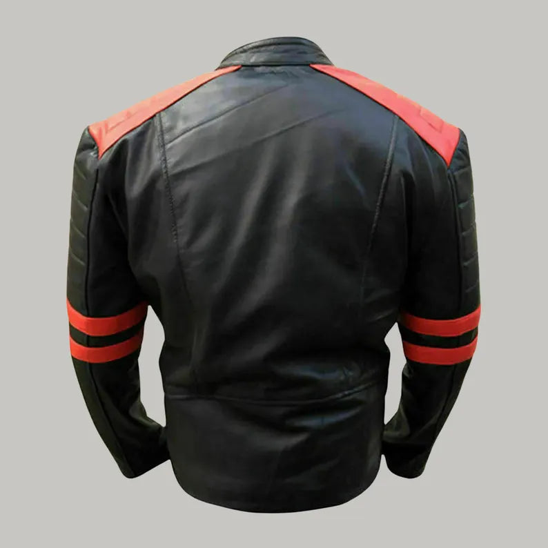 Handmade Men’s Black Leather Biker Jacket with Red Stripes | Real Leather Motorcycle Jacket | Retro Cafe Racer Style | Rocker Outerwear