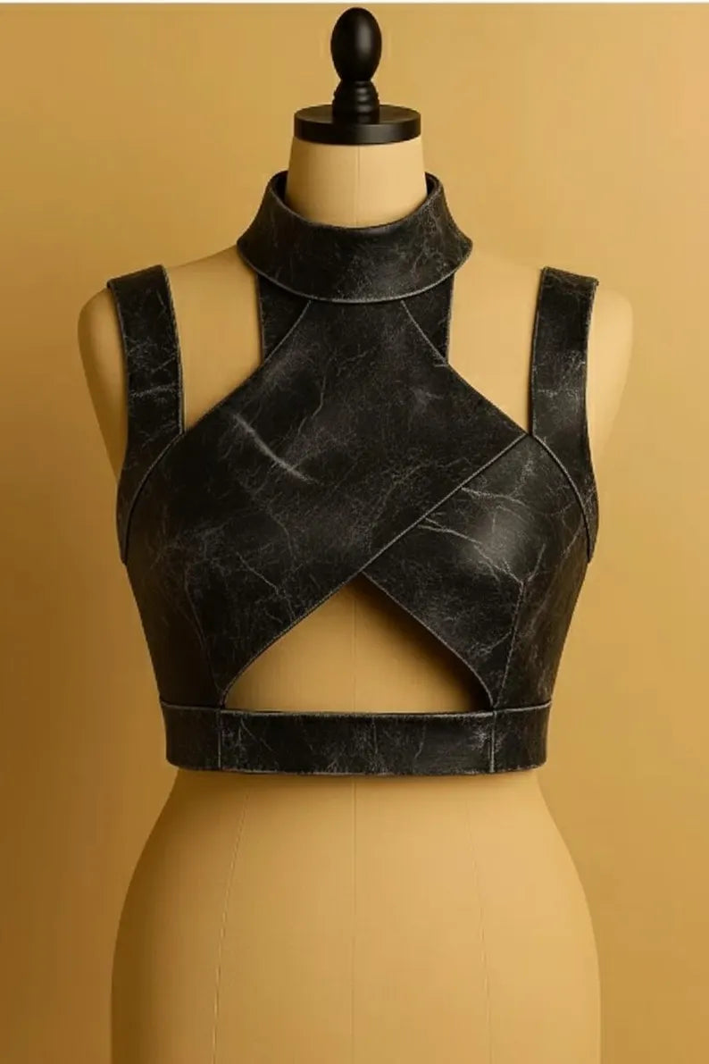 Distressed Black Leather Crop Top | Halter Neck X