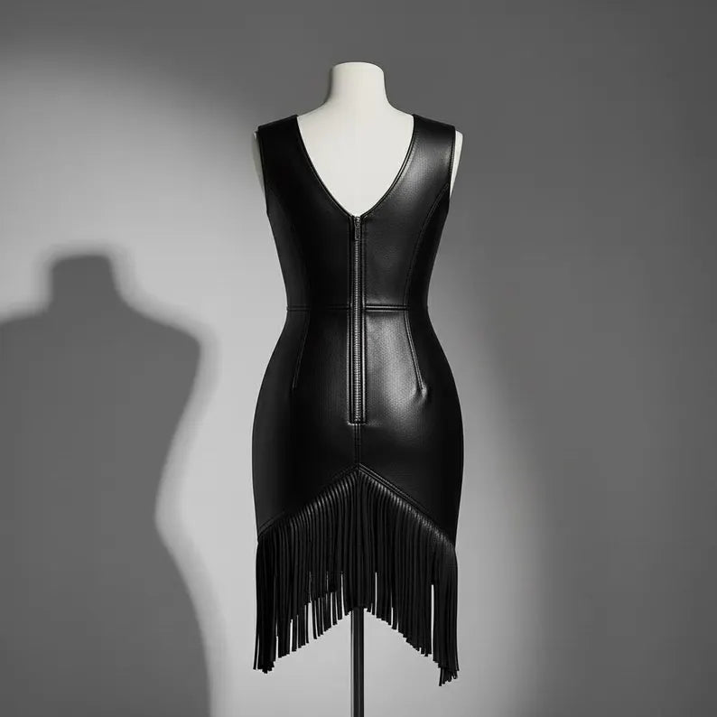 Genuine Leather Fringe Dress | V-Neck Asymmetrical Hem