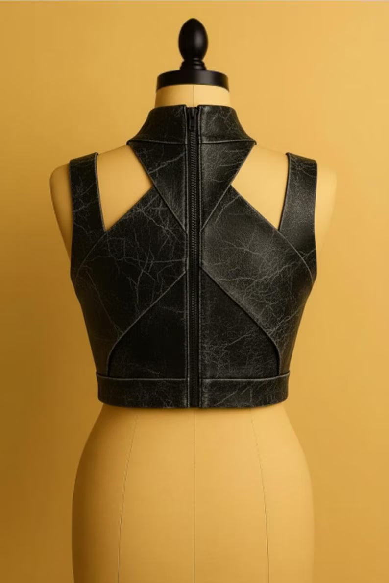 Distressed Black Leather Crop Top | Halter Neck X