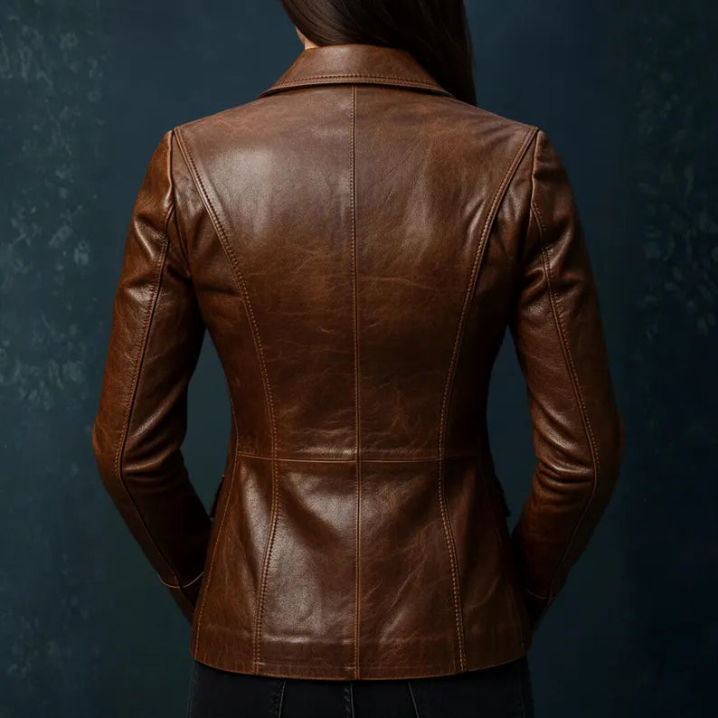 Women’s Real Leather Motorcycle Jacket,Genuine Cowhide Slim-Fit Blazer
