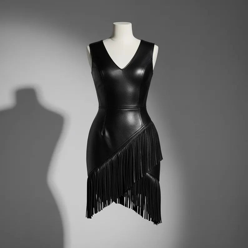Genuine Leather Fringe Dress | V-Neck Asymmetrical Hem