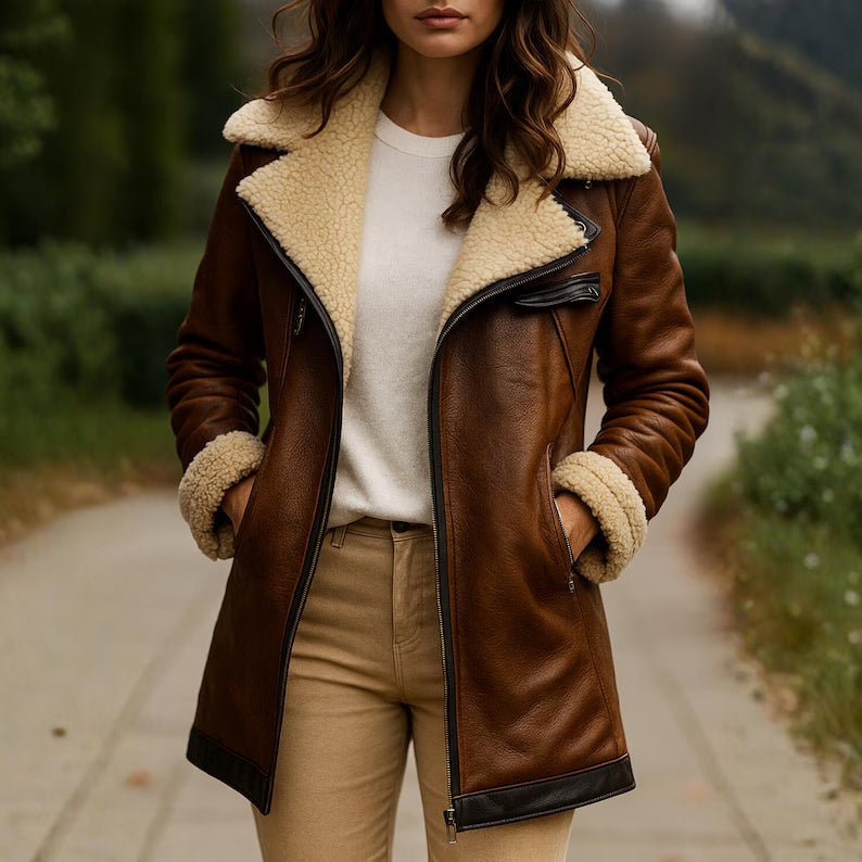 Women’s Shearling Leather Jacket, Handmade Brown Sheepskin Winter Coat, Genuine Sheepshearling Aviator Outerwear