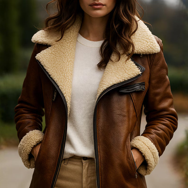 Women’s Shearling Leather Jacket, Handmade Brown Sheepskin Winter Coat, Genuine Sheepshearling Aviator Outerwear