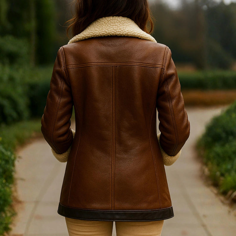 Women’s Shearling Leather Jacket, Handmade Brown Sheepskin Winter Coat, Genuine Sheepshearling Aviator Outerwear
