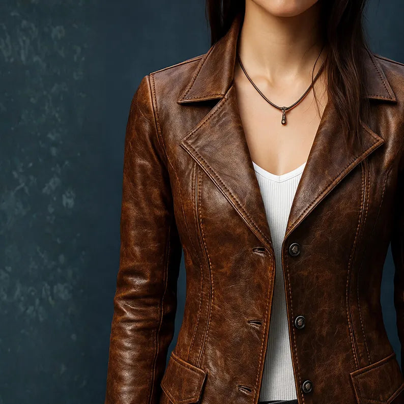 Women’s Real Leather Motorcycle Jacket,Genuine Cowhide Slim-Fit Blazer