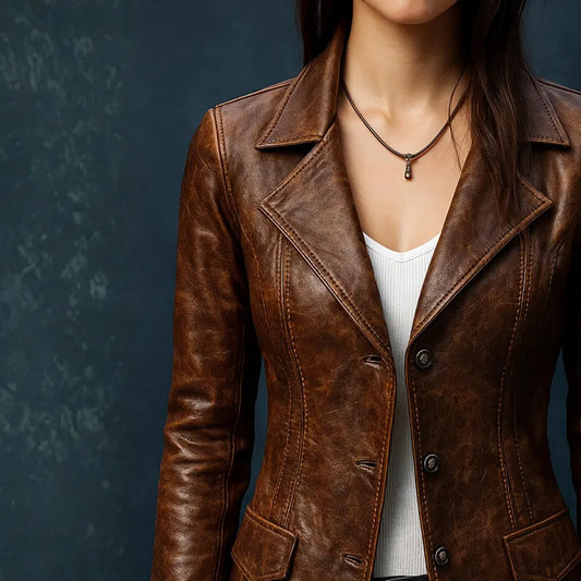 Women’s Real Leather Motorcycle Jacket,Genuine Cowhide Slim-Fit Blazer