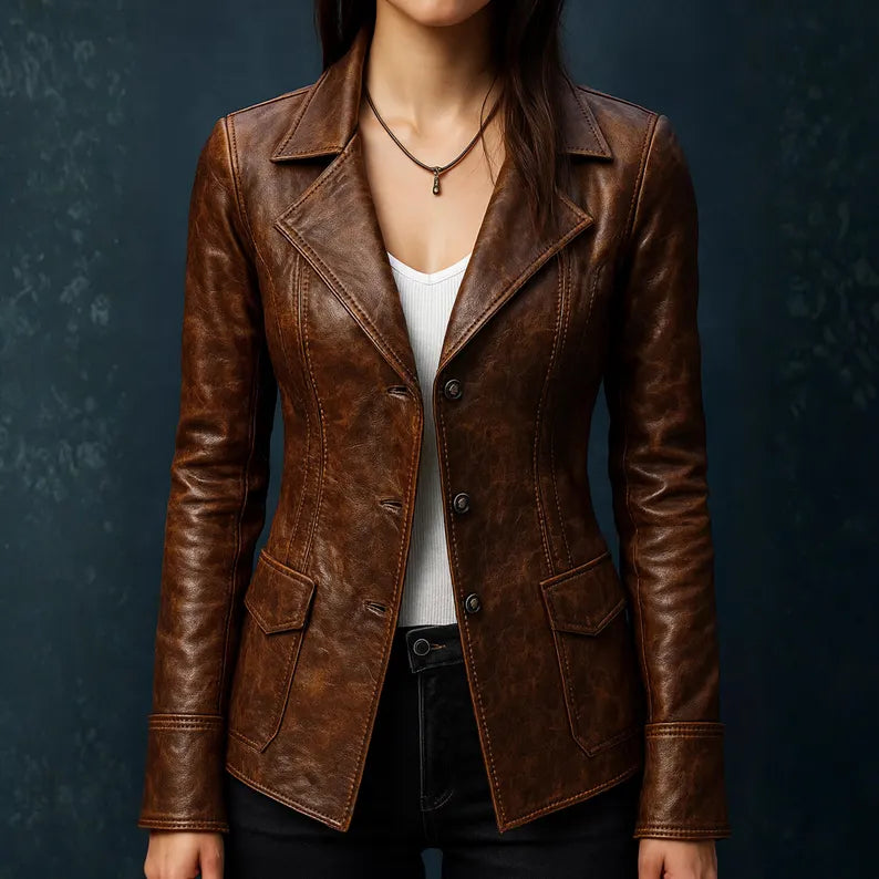 Women’s Real Leather Motorcycle Jacket,Genuine Cowhide Slim-Fit Blazer