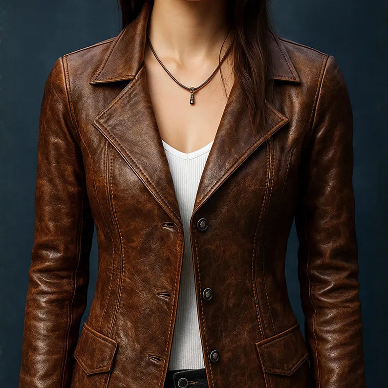 Women’s Real Leather Motorcycle Jacket,Genuine Cowhide Slim-Fit Blazer