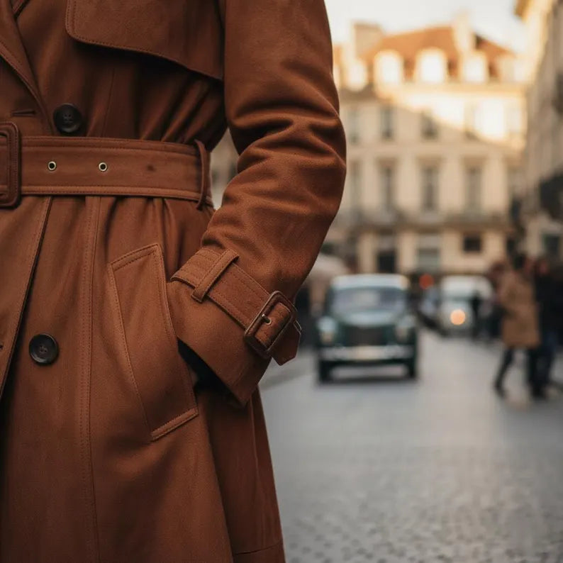 Luxurious Genuine Brown Suede Leather Trench Coat Classic Long Duster Coat