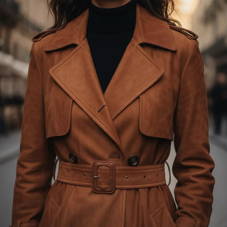 Luxurious Genuine Brown Suede Leather Trench Coat Classic Long Duster Coat