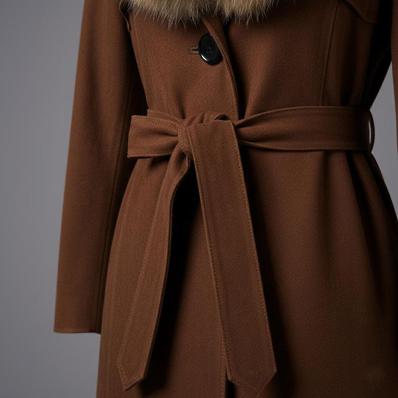Vintage-Inspired Brown Suede Trench Coat Real Fur Collar, Belted Waist