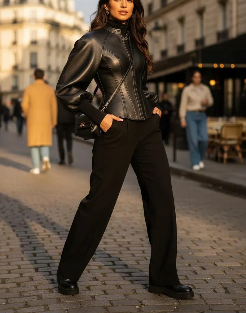 Black Leather Peplum Jacket | Corset Waist, Puffed Sleeves