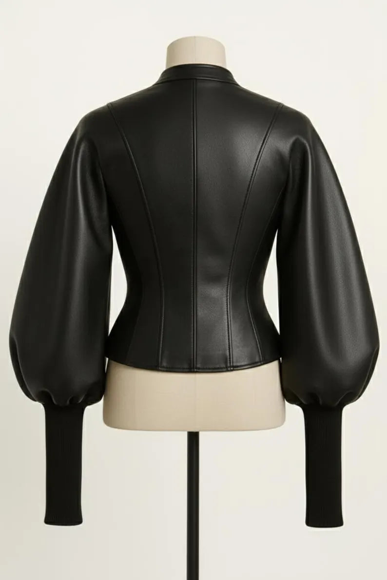 Black Leather Peplum Jacket | Corset Waist, Puffed Sleeves