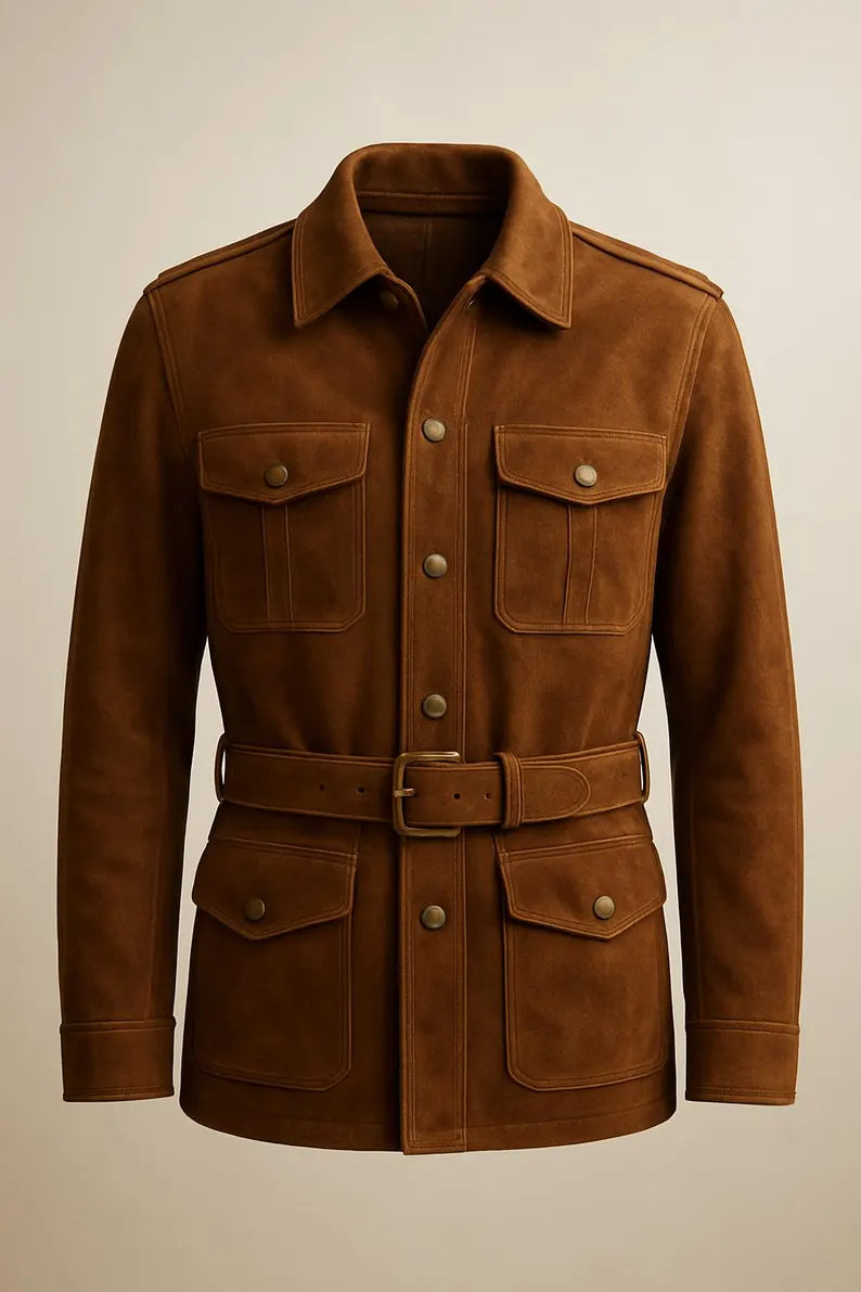 Luxurious Brown Suede Safari Jacket, Belted Field Coat, Four-Pocket Military Style Outerwear