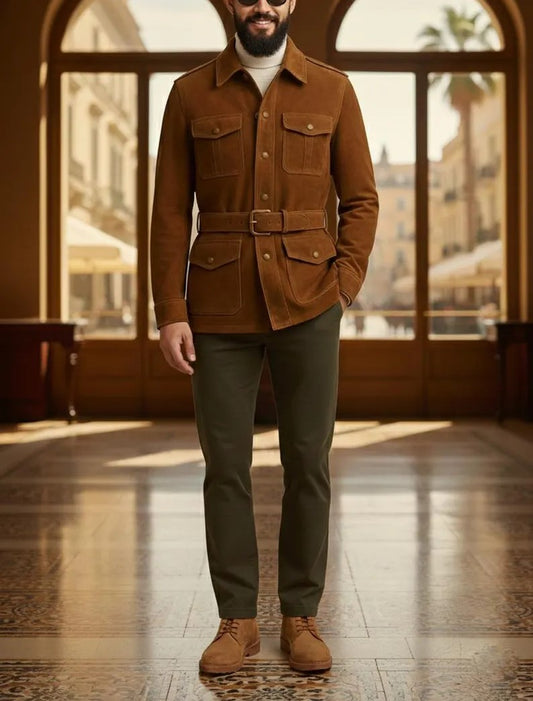 Luxurious Brown Suede Safari Jacket, Belted Field Coat, Four-Pocket Military Style Outerwear